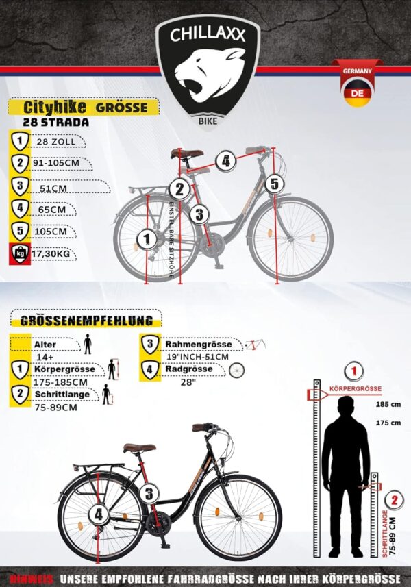 Chillaxx Strada City Bike – 24/26/28 Zoll, 21-Gang, Stadtrad für Kinder, Jugendliche & Erwachsene, Schwarz-Braun